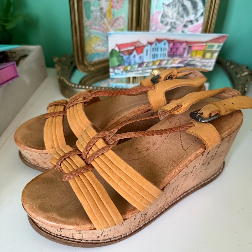 Naot Yellow Suede Wedge Sandals in Mustard Yellow - Women's Size 4